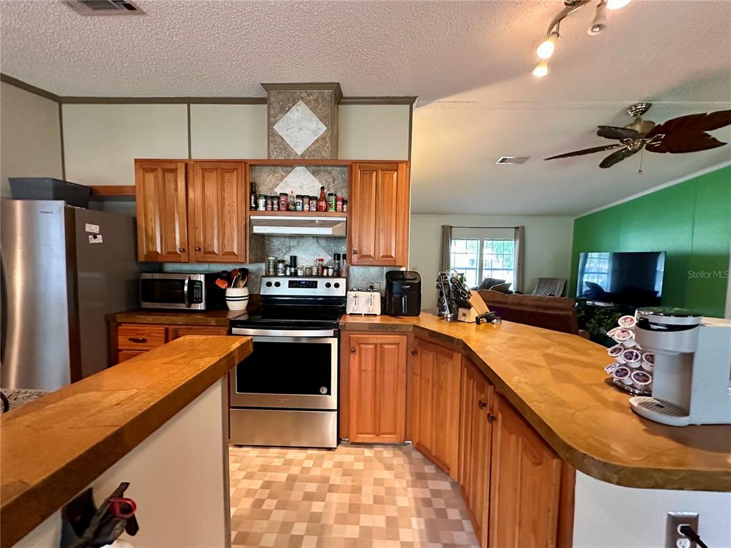 56233 Water Oak Road Astor, FL 32102 - Photo 14 of 50 a kitchen with stainless steel appliances granite countertop a sink and a refrigerator