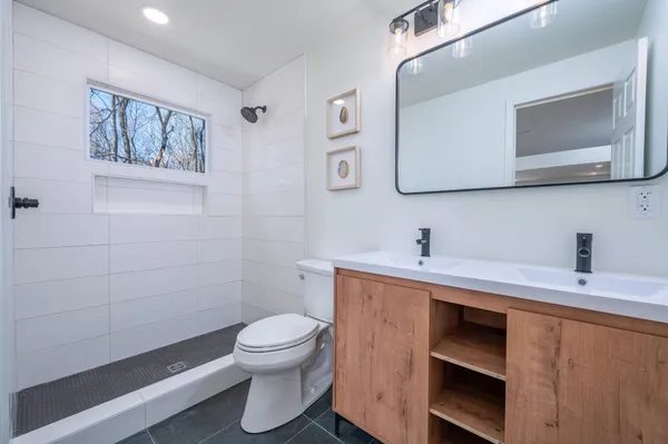 a bathroom with a toilet a sink a mirror and vanity