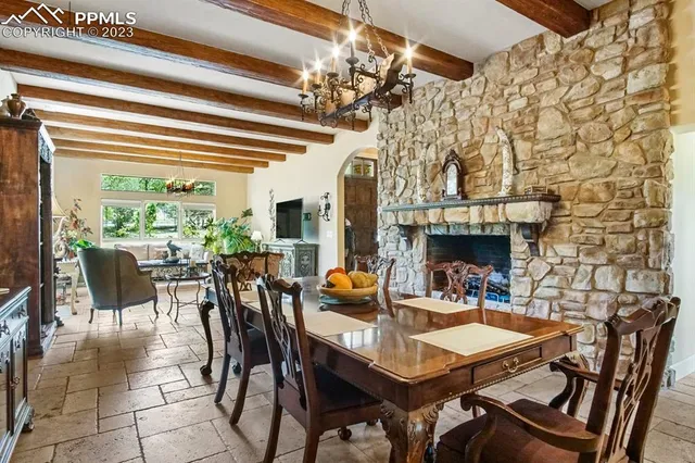 a view of a dining room with furniture window and outside view
