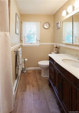 a bathroom with a sink a toilet a mirror a vanity and window