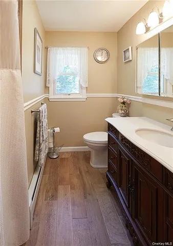 a bathroom with a sink a toilet a mirror a vanity and window