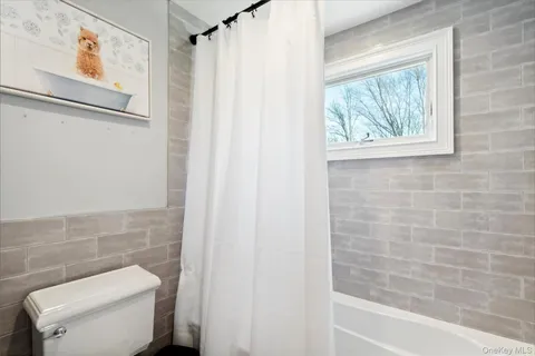 a bathroom with a toilet and a shower curtain