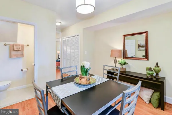 a view of a dining room with furniture