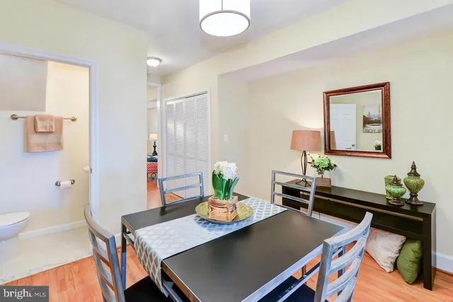 a view of a dining room with furniture