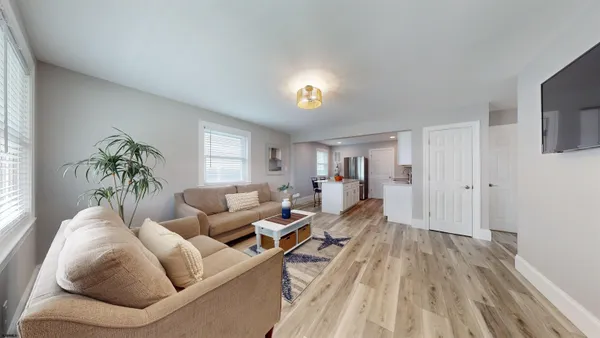 a living room with furniture and a potted plant