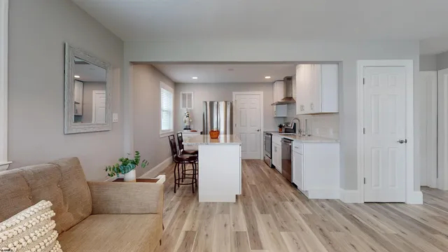 a living room with furniture and a potted plant