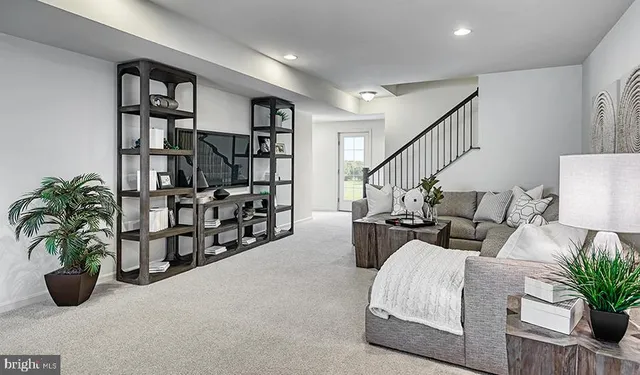 a living room with furniture potted plant and book shelf