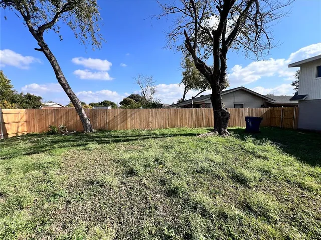 a view of a backyard with large tree