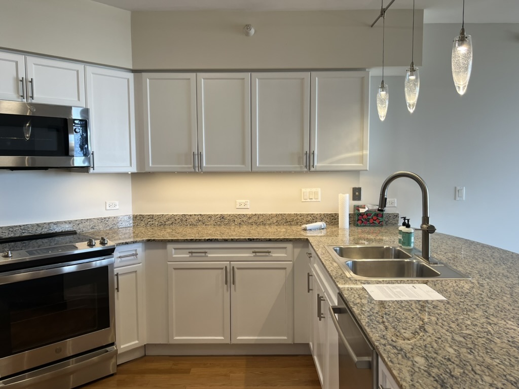 807 Davis Street, Unit 1308 Evanston, IL 60201 - Photo 6 of 16 a kitchen with granite countertop a stove a sink and a microwave