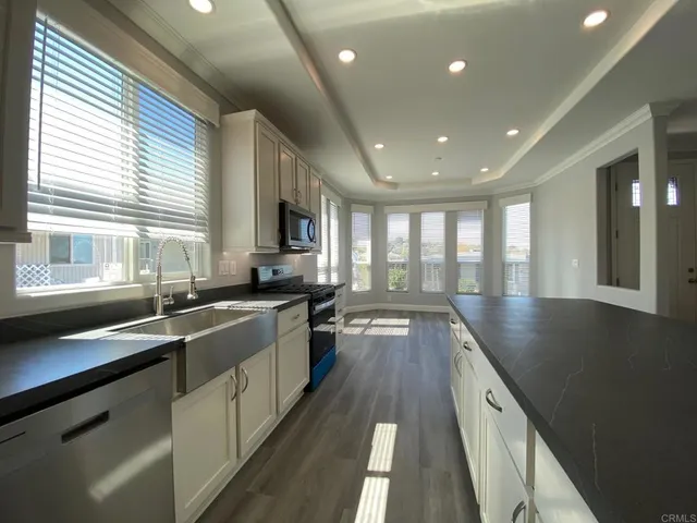a large kitchen with lots of counter space