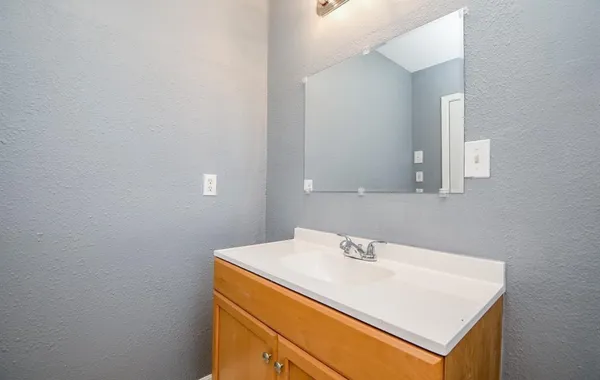 a bathroom with a sink a mirror and vanity
