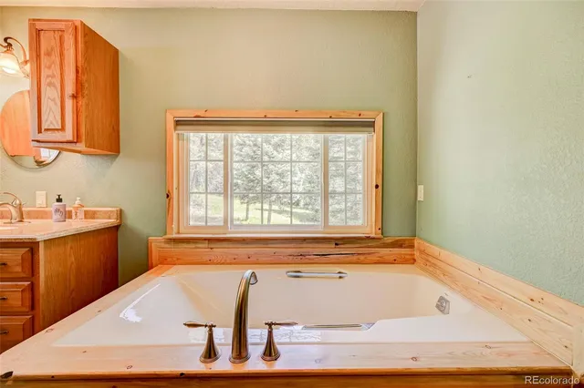 a bathroom with a tub sink toilet and mirror