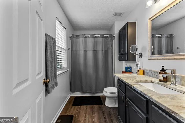 a bathroom with a granite countertop sink toilet and shower