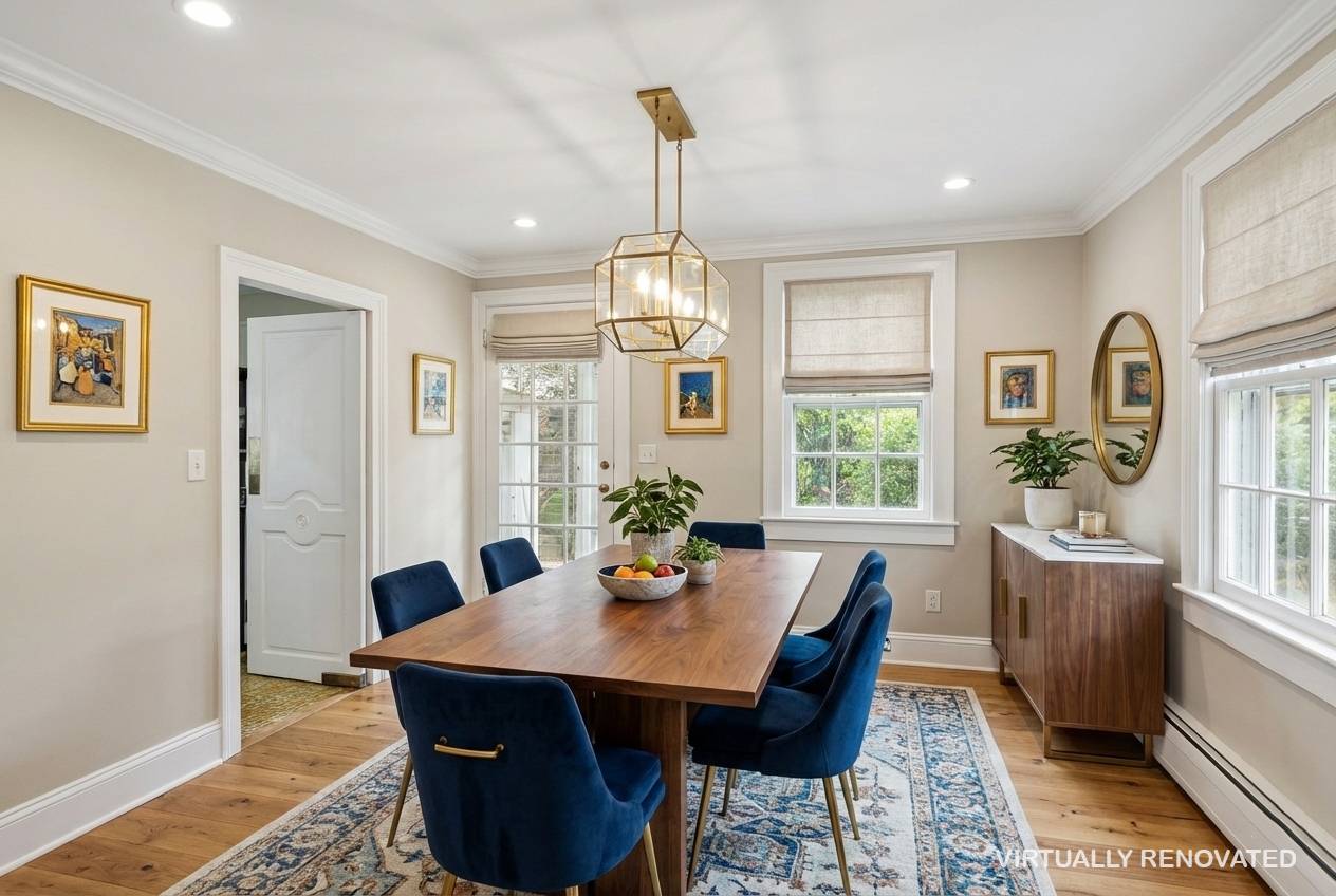201 Herrick Road Southampton, NY 11968 - Photo 7 of 29 a dining room with furniture a chandelier and wooden floor