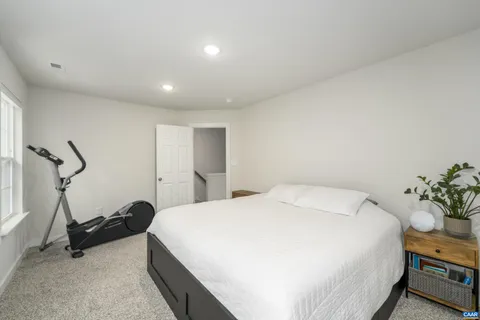 a spacious bedroom with a bed and potted plant