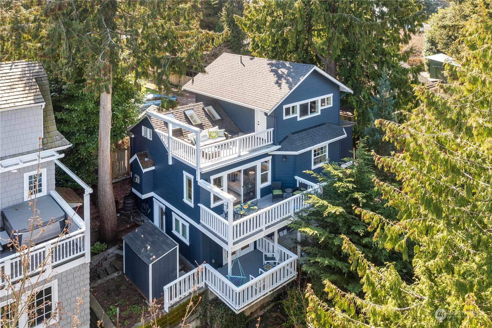 an aerial view of a house with a trees