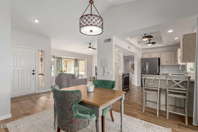 a view of a dining room with furniture