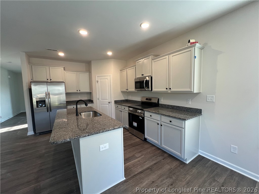 4075 Blue Springs Red Springs, NC 28377 - Photo 4 of 25 a kitchen with stainless steel appliances granite countertop a sink a stove a refrigerator and cabinets
