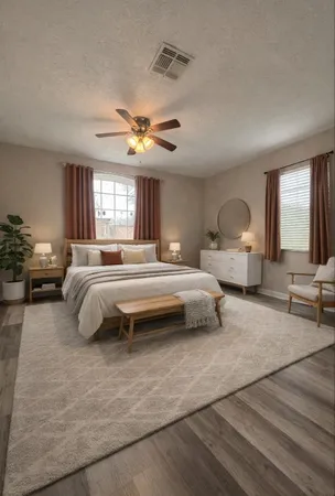 a bedroom with a large bed and a chandelier