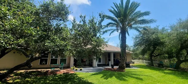a view of a patio with table and chairs potted plants and large tree