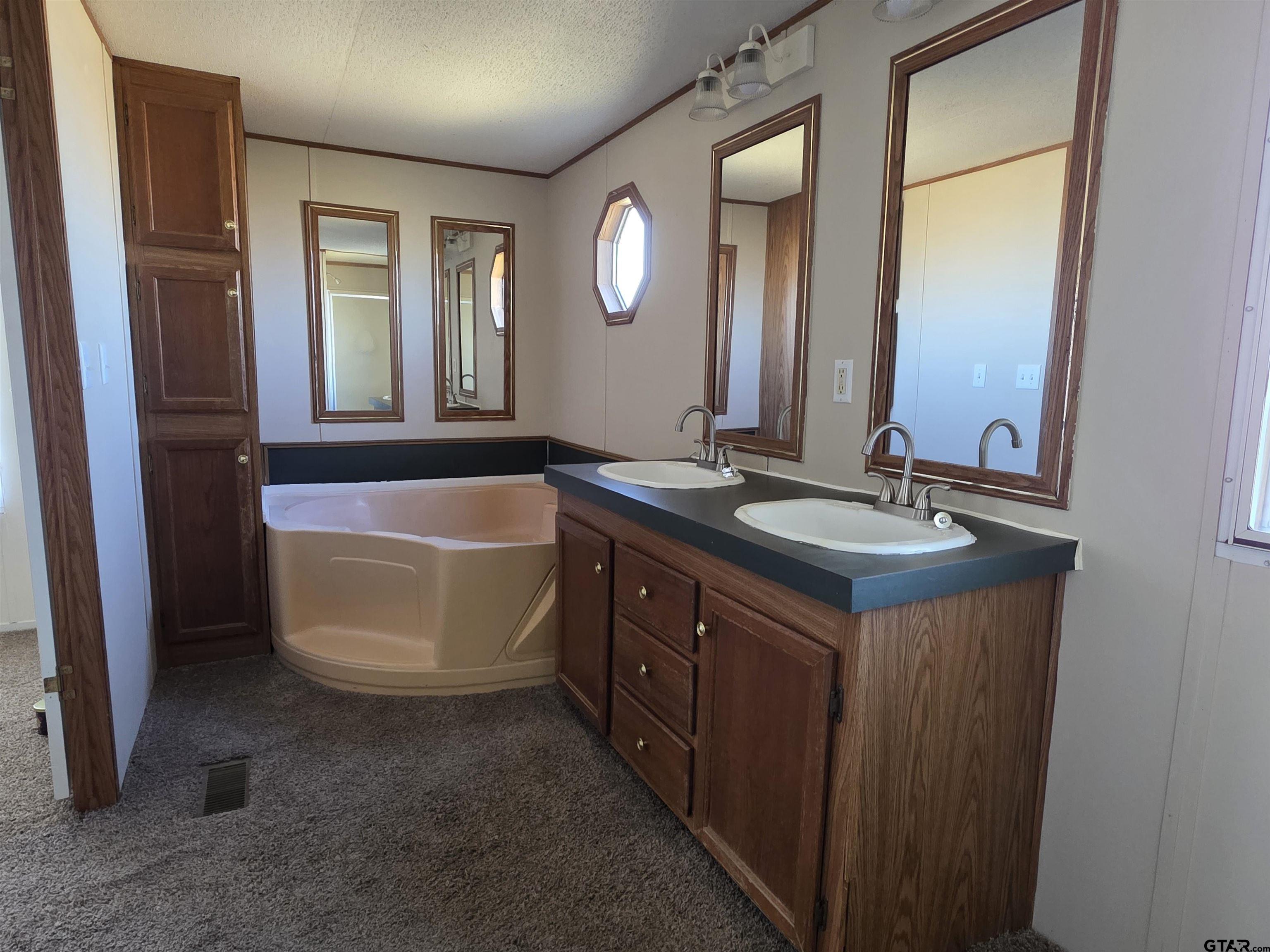 281 Sioux Quitman, TX 75783 - Photo 17 of 33 a bathroom with a double vanity sink a mirror and a bathtub