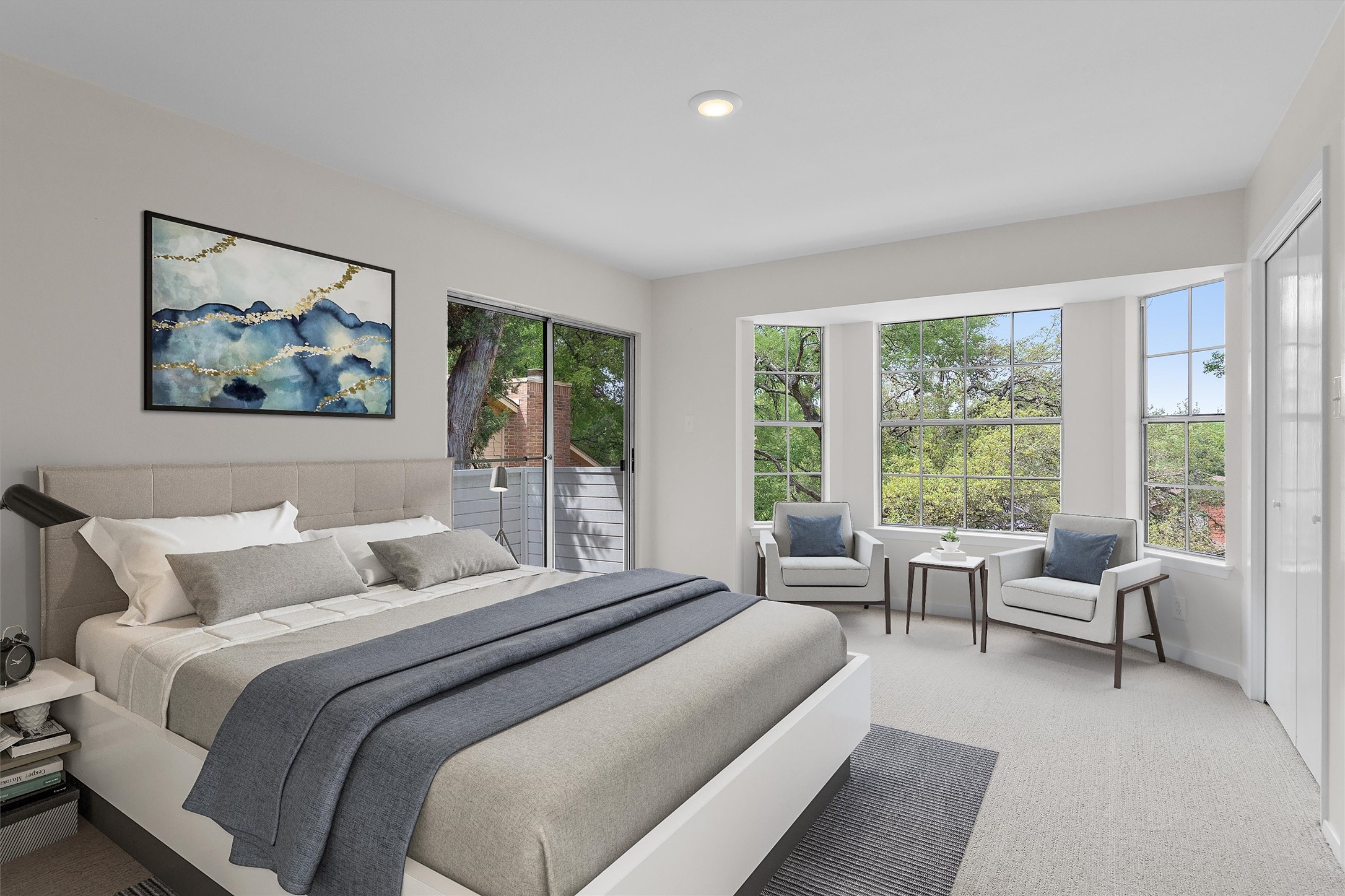 1707 Waterloo Trail Austin, TX 78704 - Photo 17 of 39 Bedroom with light colored carpet and access to exterior