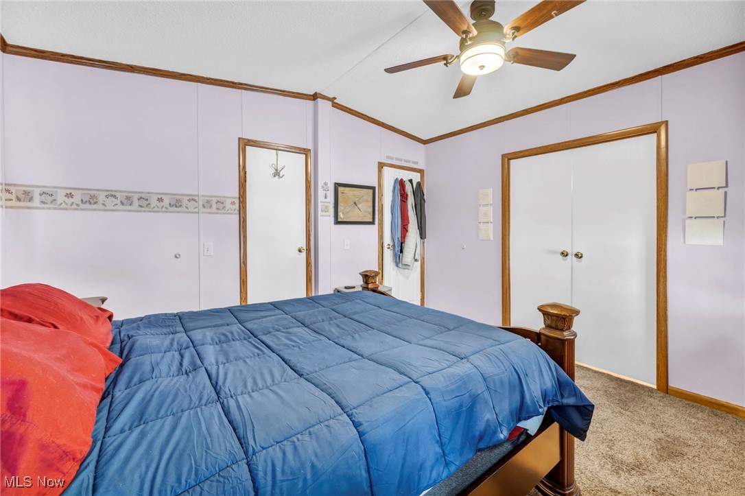 27202 Cook Road, Unit 95 Olmsted Falls, OH 44138 - Photo 21 of 46 Bedroom featuring crown molding, vaulted ceiling, ceiling fan, carpet, and a closet
