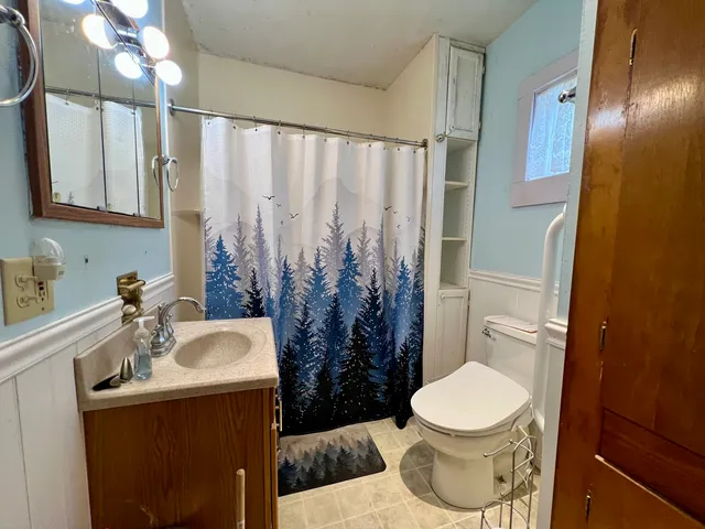 a bathroom with a sink toilet and shower