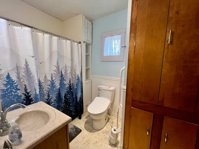 a bathroom with a sink toilet and shower