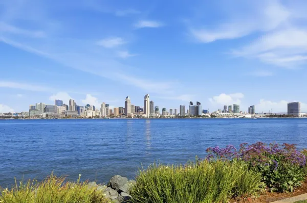 a view of a lake with a big yard