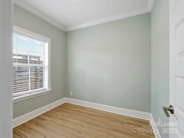 a view of a backyard with wooden fence and a large tree