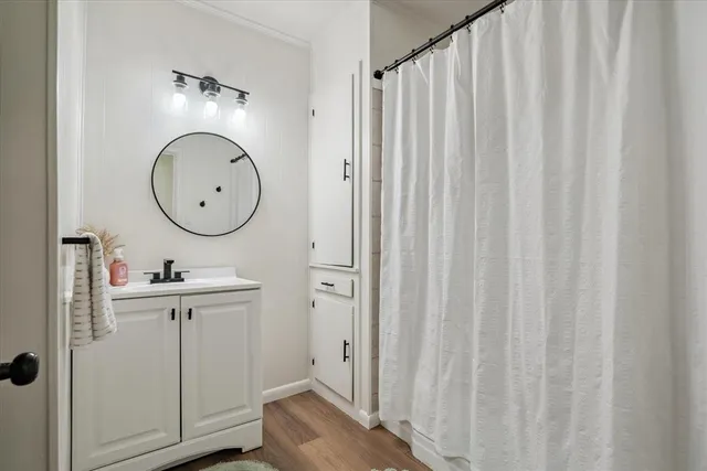 a bathroom with a sink vanity and mirror