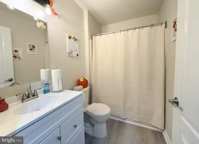 a bathroom with a sink a toilet and shower curtain
