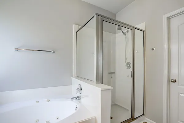 a bathroom with a bathtub and a shower