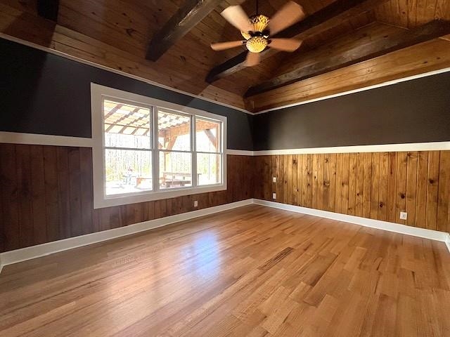 9490 Highway 196 Collierville, TN 38017 - Photo 17 of 40 Primary Bedroom with wooden walls, wainscoting, ceiling fan, light wood finished floors, and a vaulted wood ceiling