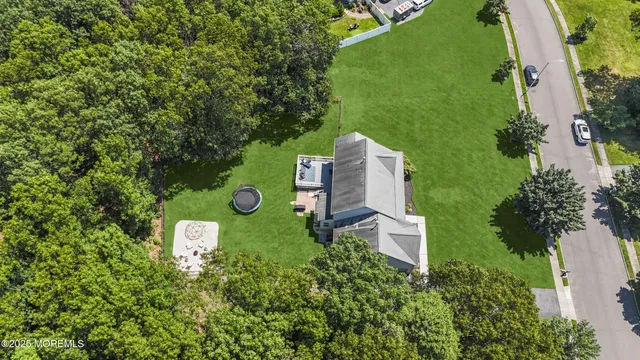 a view of a lush green outdoor space with a lake view
