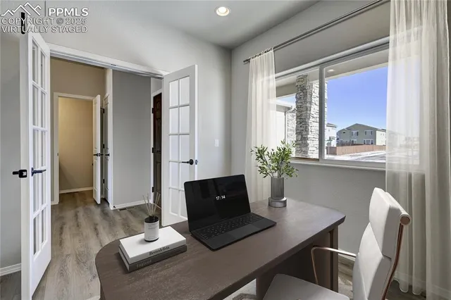 a view of a workspace with furniture and a potted plant