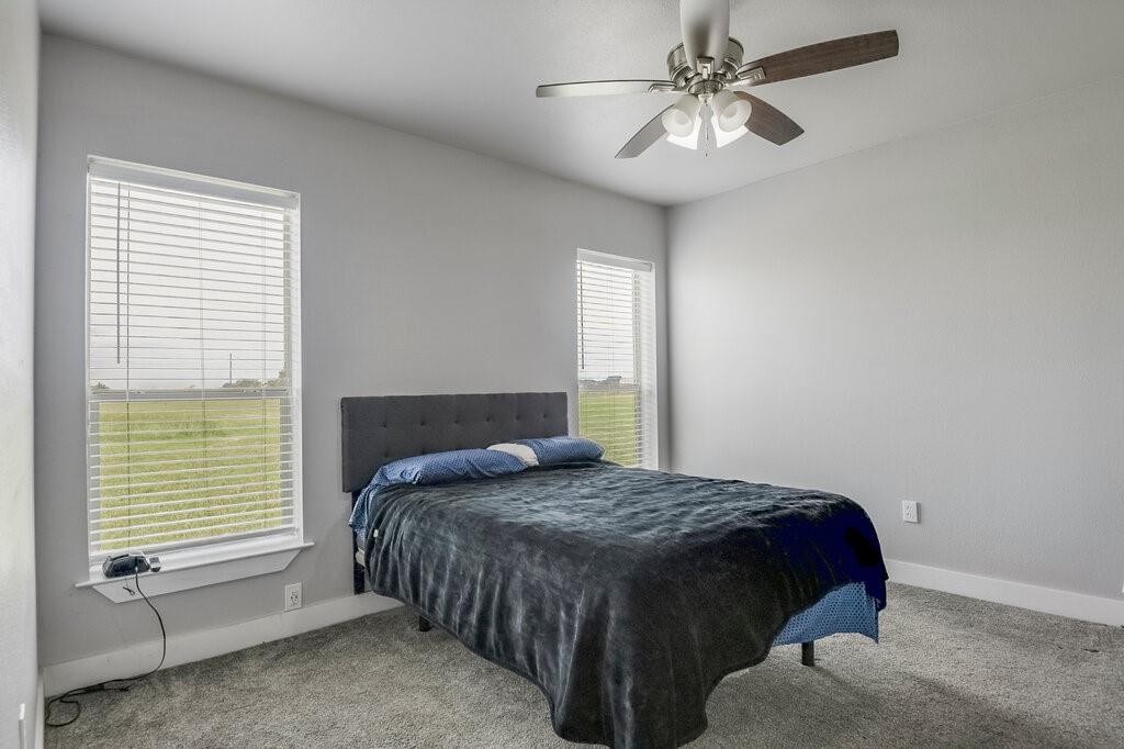 239 North Armstrong Road Venus, TX 76084 - Photo 37 of 39 Neutral gray wall tones with white trim, featuring two windows with horizontal blinds, gray carpeting, and a ceiling fan with integrated lighting