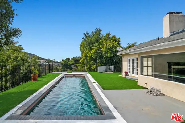 a view of a backyard with plants and large trees