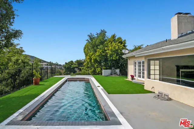 a view of a backyard with plants and large trees