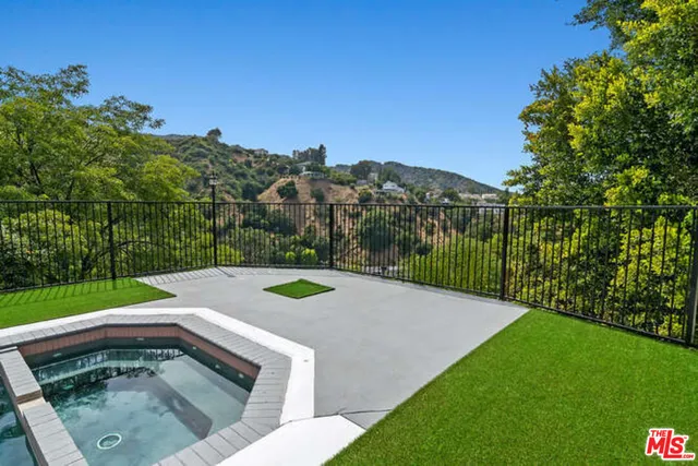 a view of backyard with potted plants and a large tree