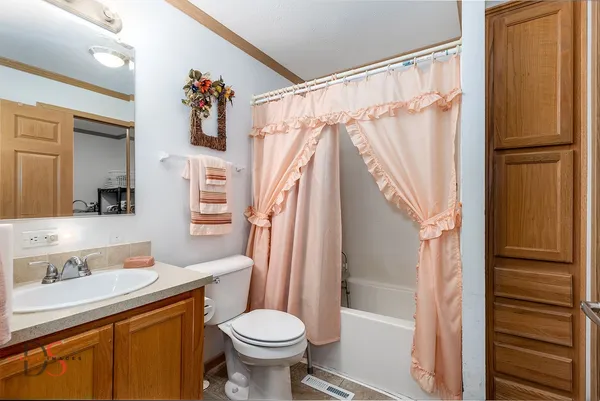 a bathroom with a sink a toilet and shower curtain