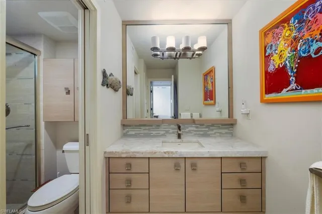 a bathroom with a sink vanity and toilet