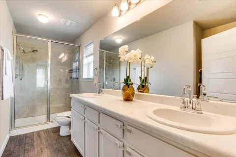 a bathroom with a double vanity sink toilet and shower