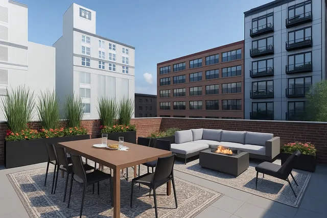 a view of a patio with a table and chairs