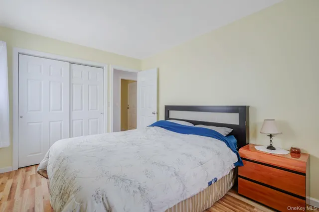 a bedroom with a bed and a closet