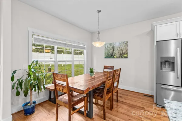 a view of a dining room with furniture window and wooden floor