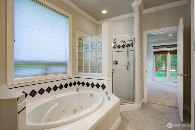 a bathroom with a bathtub and a shower