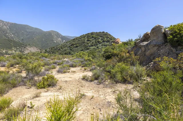 a view of a dry yard with mountains in the background