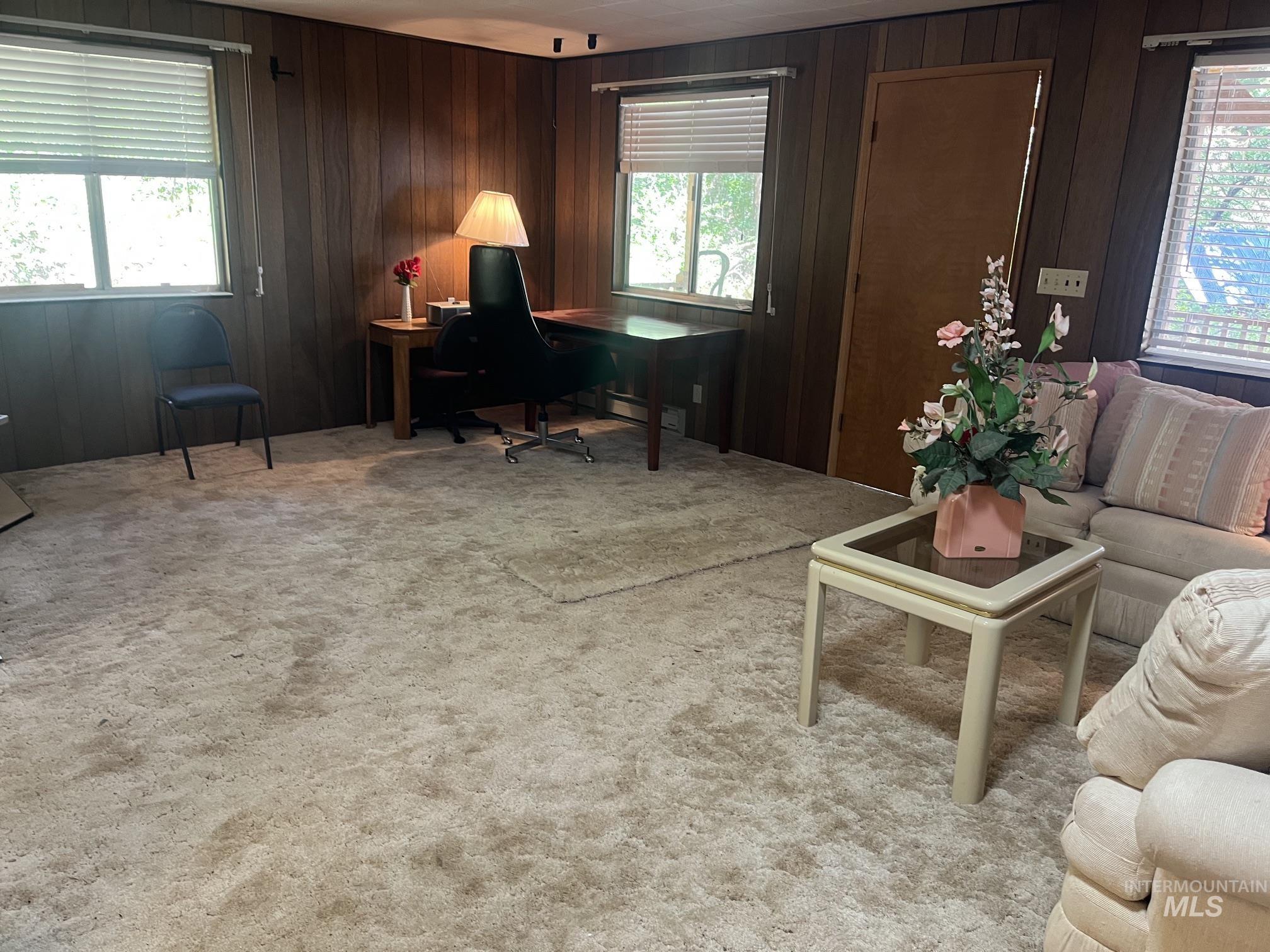 39 Mayflower Mine Road Placerville, ID 83666 - Photo 20 of 36 Spacious room with wood-paneled walls, light-toned carpeting, and two large windows with blinds